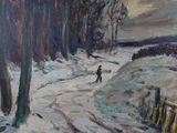 painting of a person walking down a snowy path in a wooded area