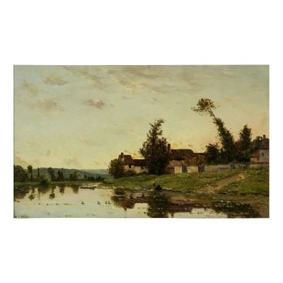 l'image d'une peinture représentant une rivière avec une maison à l'arrière-plan