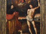 une image représentant un tableau où l'on voit un homme sur une croix avec un chien