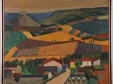 une peinture à l'huile d'un paysage avec une montagne en arrière-plan