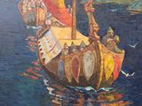a painting of a boat with people on it in the water