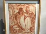 dessin représentant une femme assise sur un tabouret devant un tableau