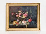 a painting of flowers in a vase on a table
