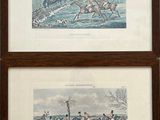 deux reproductions encadrées représentant des chevaux et des jockeys en pleine course dans l'eau