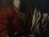 painting of a woman holding a plate of fruit and a knife