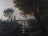 a painting of a river with a bridge in the background