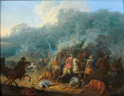une peinture représentant un groupe d'hommes à cheval