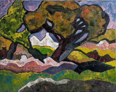 peinture représentant un tableau représentant un arbre avec une montagne en arrière-plan