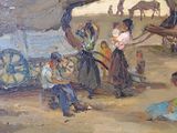 a painting of a group of people on a beach
