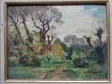 une peinture à l'huile représentant un chemin dans un champ, bordé d'arbres et de buissons