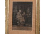 an old picture of a woman sitting at a table in a room