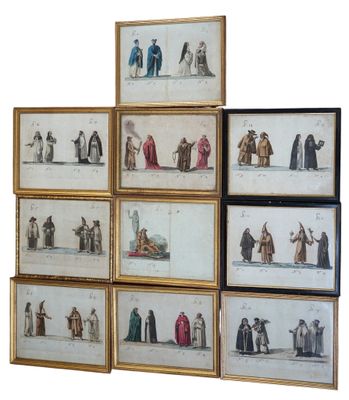 six tableaux représentant des hommes et des femmes vêtus de costumes médiévaux