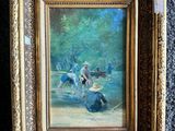 painting of a couple in a boat on a river with a dog