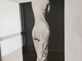 a black and white photo of a woman ' s torso