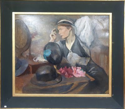 tableau représentant une femme avec un chapeau et un chapeau posé sur une table