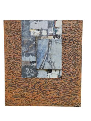 peinture représentant une œuvre abstraite aux tons marron et bleu sur fond blanc