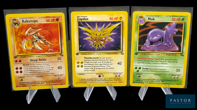 Quatre cartes Pokémon différentes sont représentées sur un fond noir.