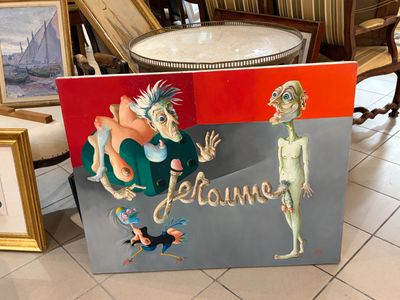 une photo d'un tableau représentant un homme et une femme posés sur une table