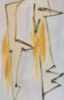 painting of a man with a hat and a yellow tie on a chair