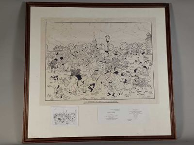 l'image d'un dessin représentant un groupe de personnes dans un champ