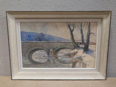 a picture of a painting of a bridge in the snow