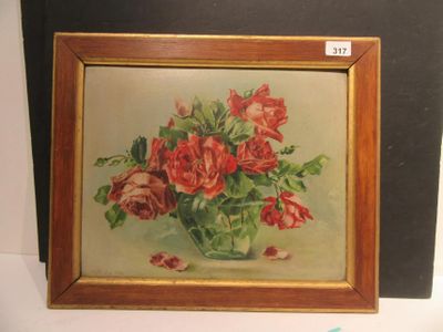 une photo d'un tableau représentant des roses rouges dans un vase
