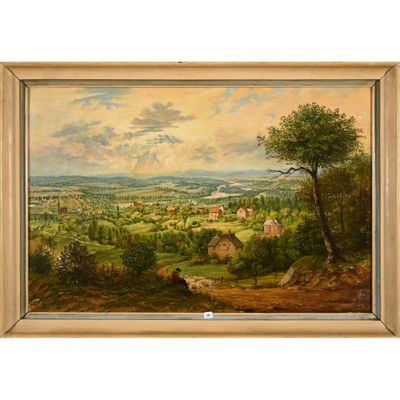 une peinture à l'huile représentant un paysage rural avec un village au loin