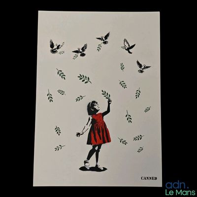 a painting of a girl in a red dress with birds flying around her