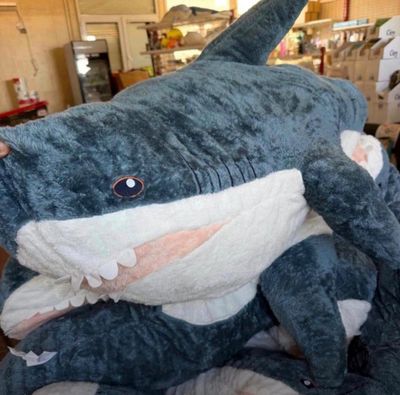 un grand requin en peluche posé par terre