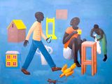 a painting of a man walking past a bunch of bananas