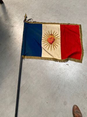 someone is standing next to a flag with a heart on it