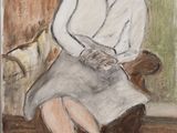 painting of a woman sitting on a couch with a dog