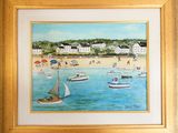 un tableau représentant une scène de plage avec des bateaux dans l'eau