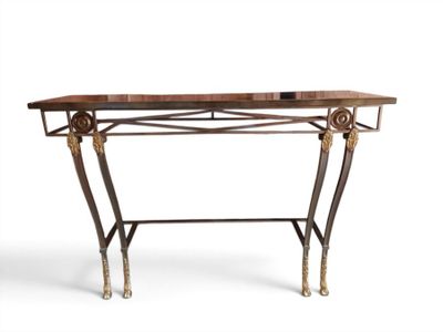 a table with a wooden top and metal legs on a white background