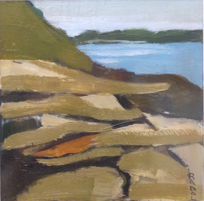 une peinture à l'huile représentant des rochers sur une plage, avec un plan d'eau en arrière-plan