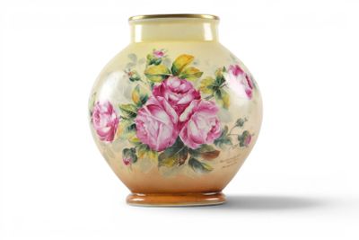 a yellow vase with pink roses on it on a white background