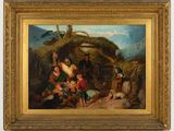 an oil painting of a group of people outside a hut with a dog