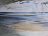 une peinture représentant un surfeur chevauchant une vague dans l'océan