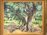 une peinture à l'huile représentant un arbre dans un champ avec une maison à l'arrière-plan