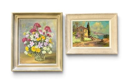 un tableau représentant des fleurs dans un vase et une image d'une maison sur une colline