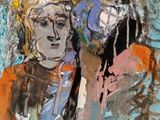 une peinture abstraite représentant deux femmes en orange et bleu