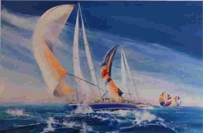 tableau représentant des voiliers en mer par une journée ensoleillée