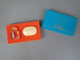 une boîte orange et bleue avec une souris blanche et une boîte bleue avec une souris blanche