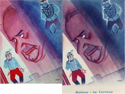 an image of a painting of a man in a blue shirt and red pants