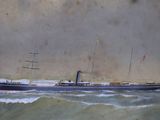 une vieille photo représentant un grand navire au milieu d'un plan d'eau