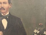 painting of a man in a tuxedo and bow tie with flowers in a vase