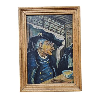 an oil painting of a man in a hat sitting at a table next to a bowl of soup