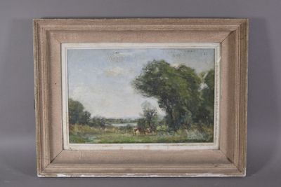 une peinture à l'huile représentant un paysage avec des arbres et des vaches dans un champ