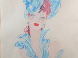 dessin représentant une femme portant un chapeau bleu et une robe bleue
