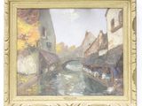 une image représentant un tableau où l'on voit une rivière traverser une ville
